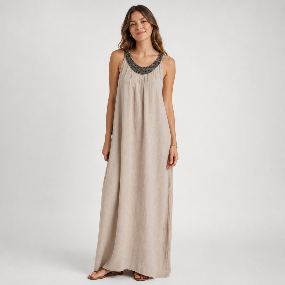 120% Lino Linen Maxi Dress Womens 44 Beige Sleeveless Rhinestone Resort Vacation